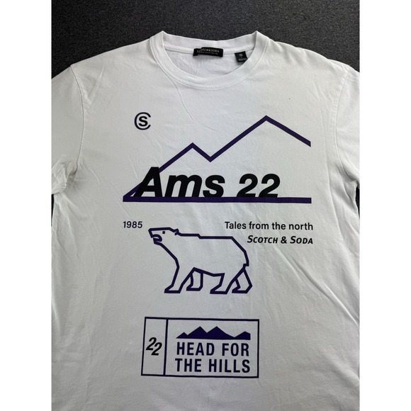 Scotch & Soda Mens White Graphic T Shirt Size Large AMS 22 Head For The Hills SS - Picture 2 of 16